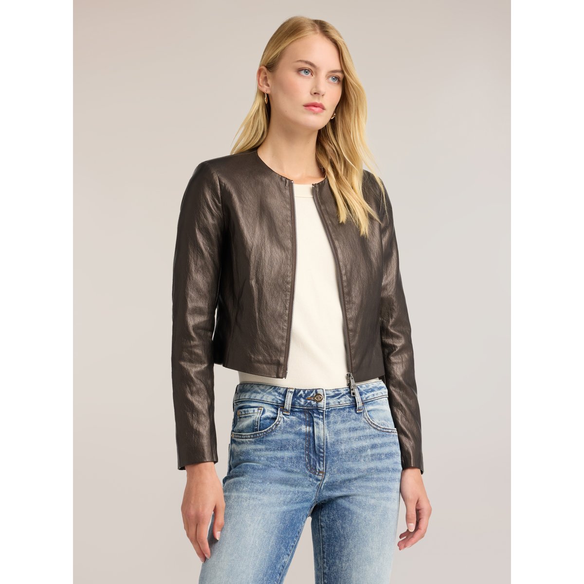 Veste sans col avec zip marron, MOTIVI
