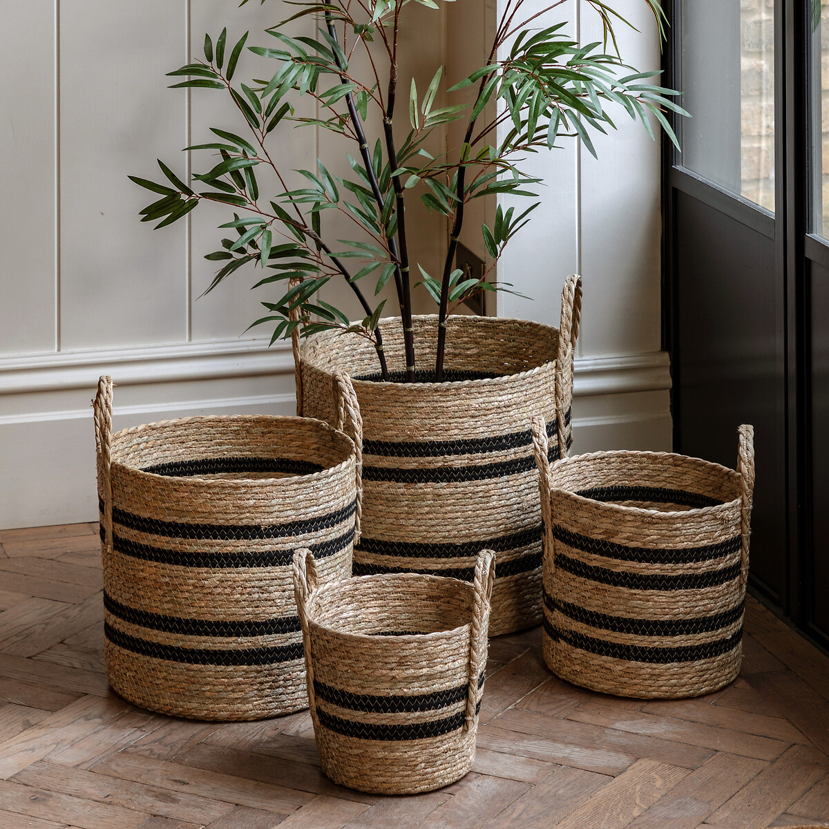 Set of 4 Black Stripe Storage Basket Nests natural, SO'HOME