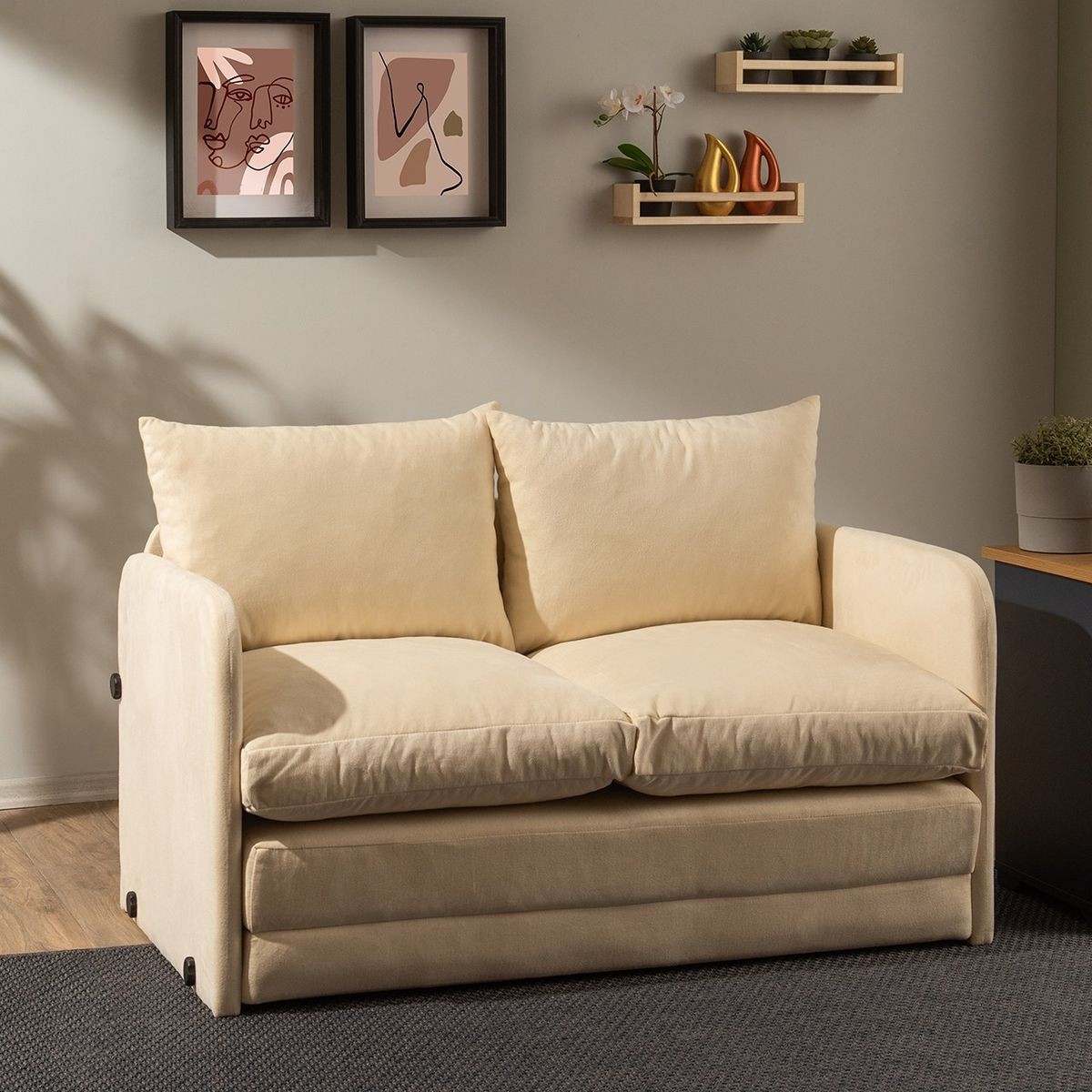 Canapé convertible 2 places en tissu - LUZ beige, HOMIFAB