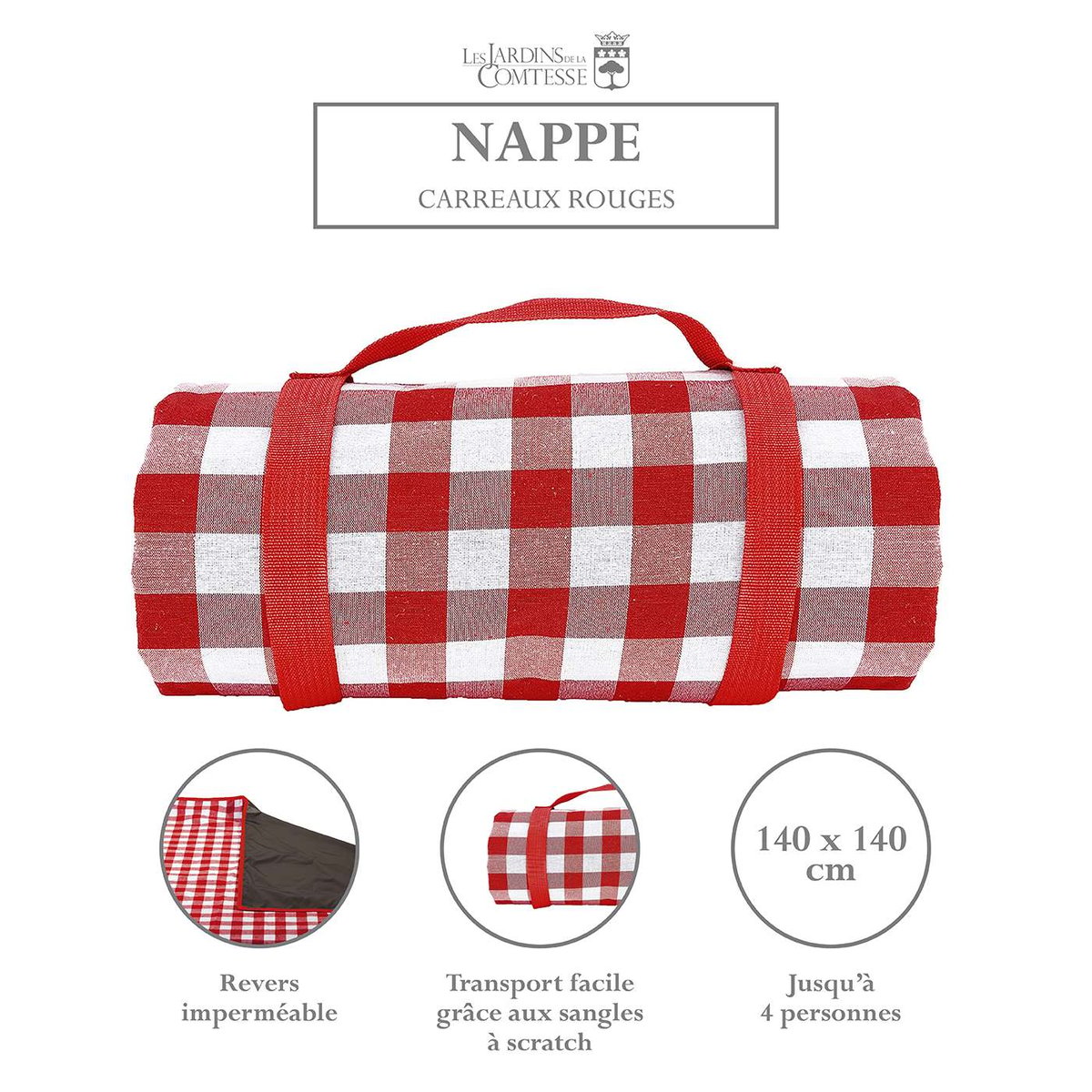 Nappe pique-nique à revers imperméable carreaux rouge et blanc, LES JARDINS DE LA COMTESSE