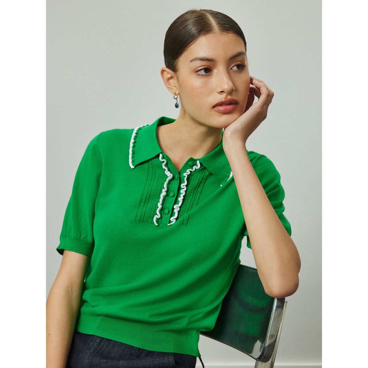 Polo doux en coton manches courtes et volants vert, NEXT