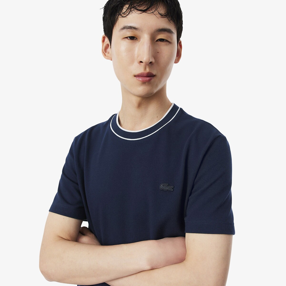 T-shirt em malha piqué, gola às riscas marinho, LACOSTE