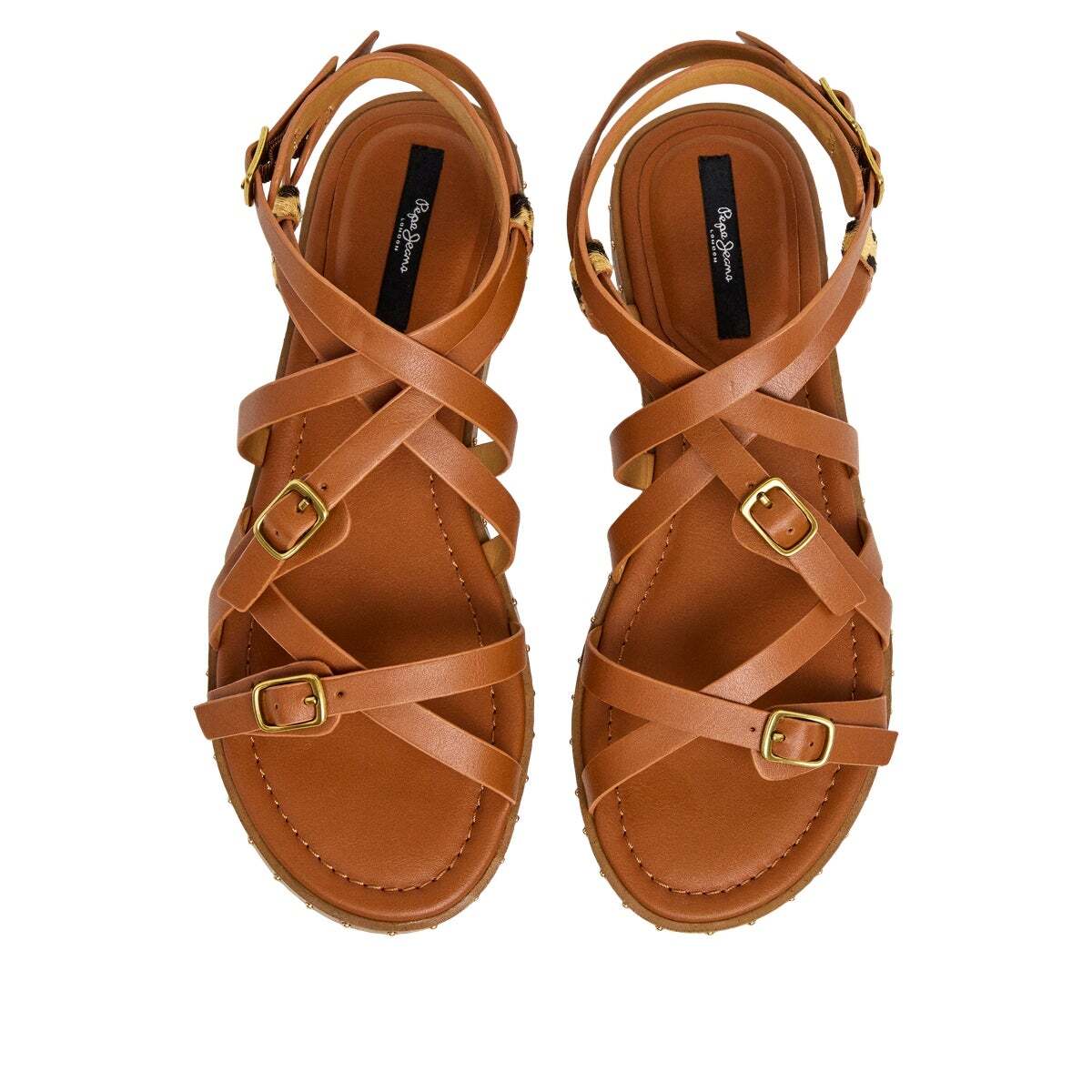 Sandales Plates Détails Imprimé Animal brun cognac, PEPE JEANS