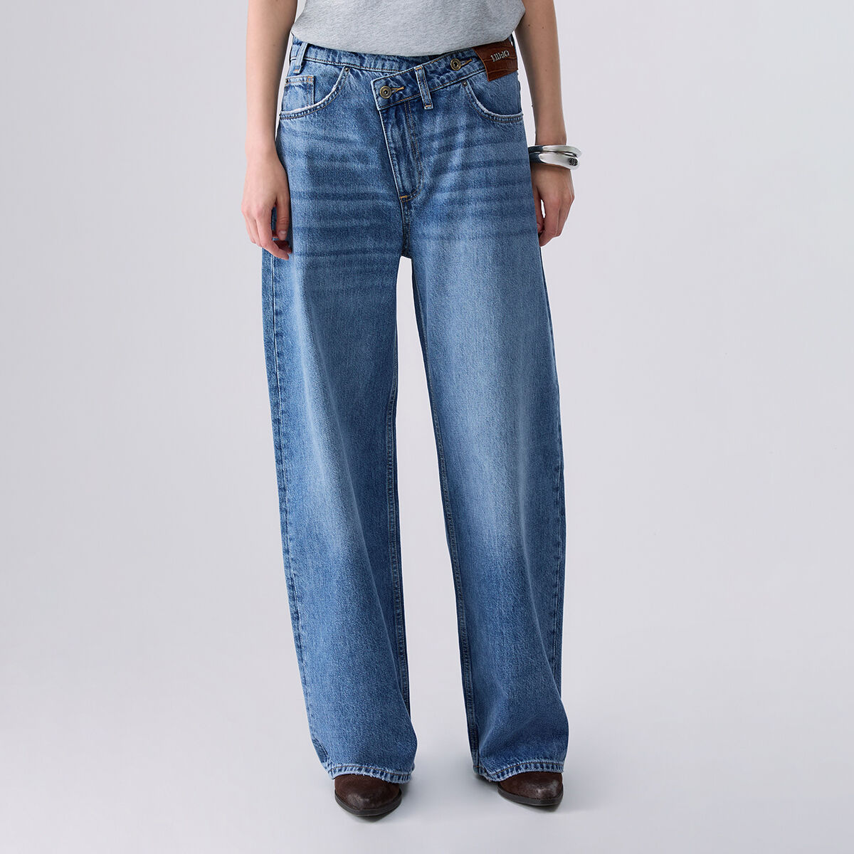 Jean droit avec ceinture asymétrique denim bleu, LIU JO