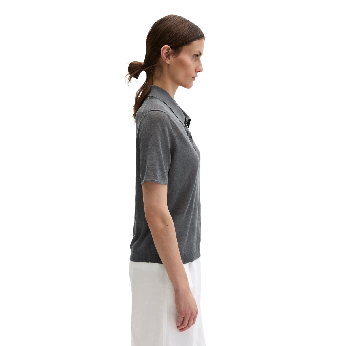 Polo en tricot régulier en pur lin gris foncé, MARC O'POLO