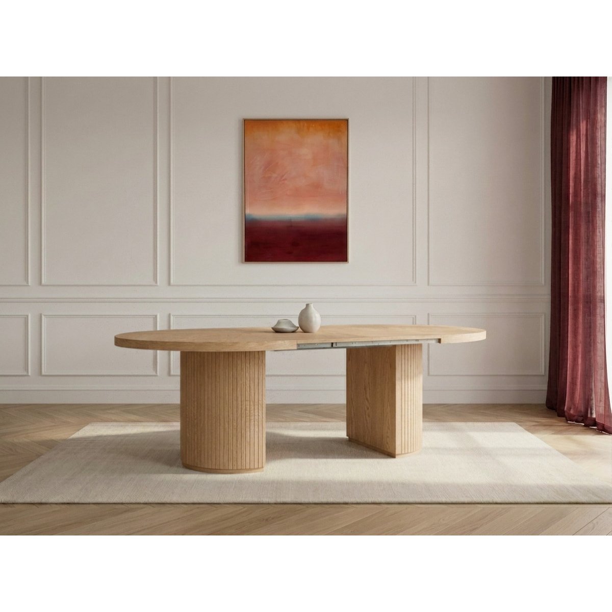 Table à manger ronde extensible 120 à 204 cm PRADO placage chêne massif avec rangements marron clair, BOBOCHIC