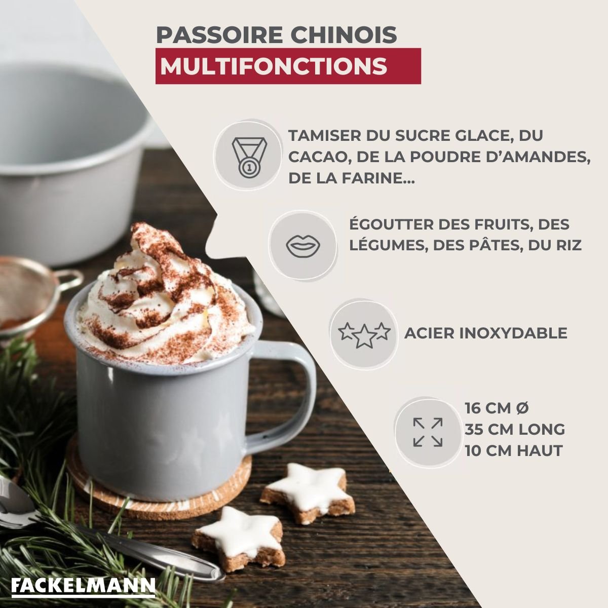 Passoire Chinois 16 cm de diamètre en inox gris, FACKELMANN