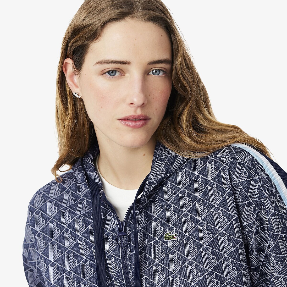 Hoodie in jacquard met monogram en ritssluiting marineblauw/wit, LACOSTE