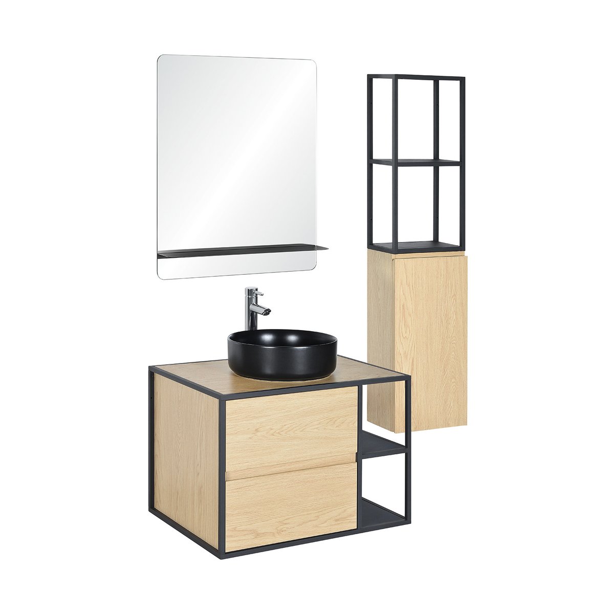 Ensemble meuble simple vasque 70 cm + vasque + miroir + colonne EDISSON chêne - ppm - mat, MOB IN
