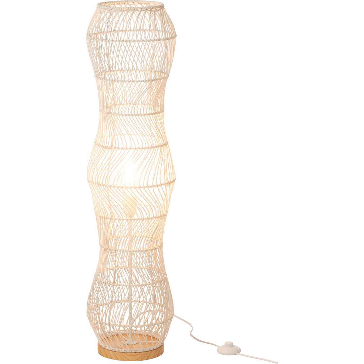 Lampadaire en rotin et métal forme torsadée blanc naturel et bois clair, RECOLLECTION