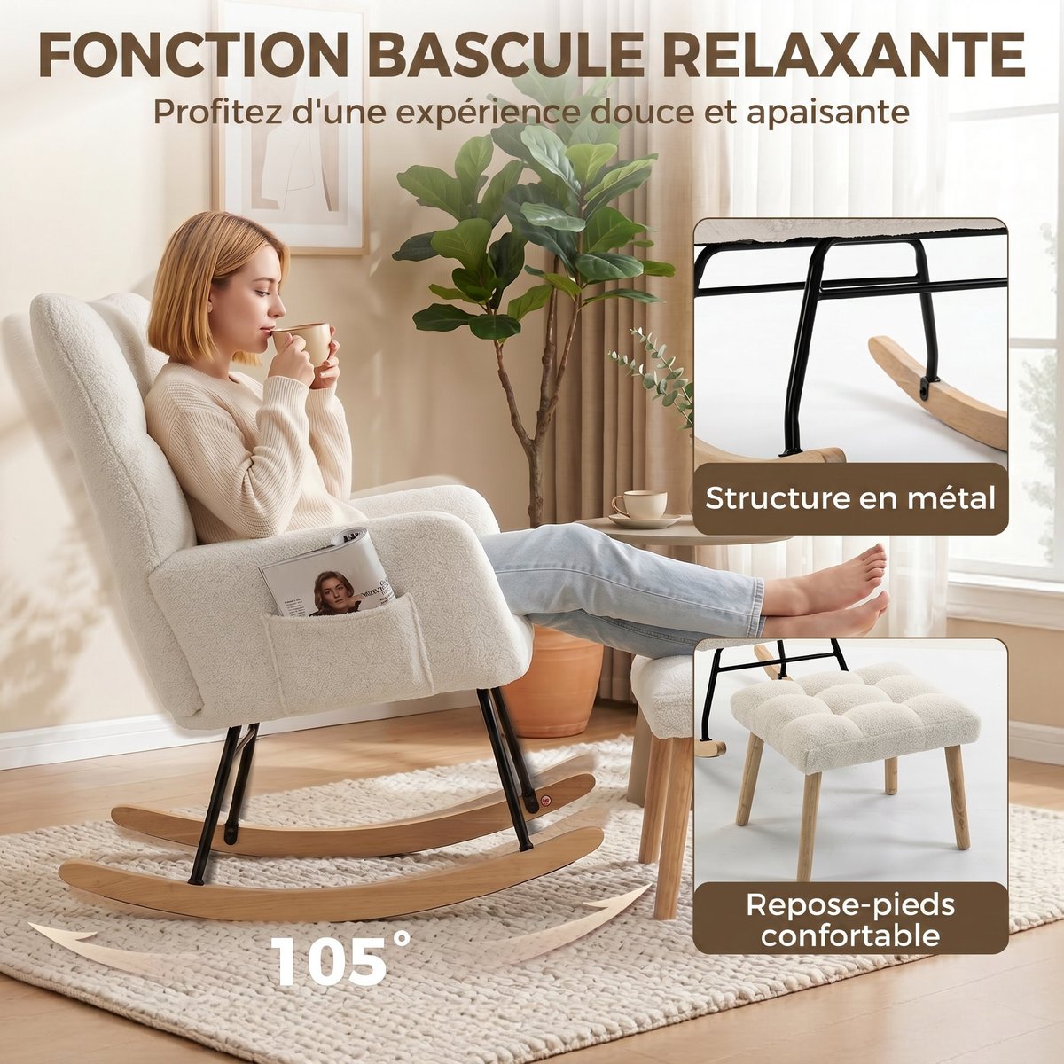 Fauteuil à bascule Tissu bouclette Crème crème, HOMCOM