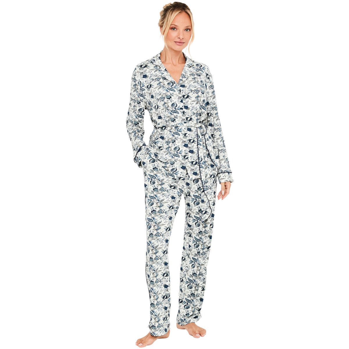 Pyjama pantalon droit chemise manches longues Chic Bamboo bleu, SELMARK