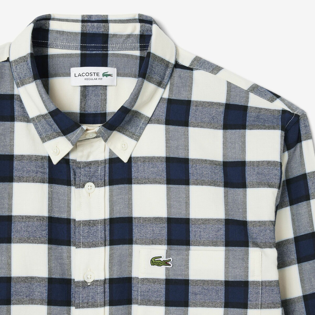 Chemise regular fit en cotton gratté ecru/marine, LACOSTE