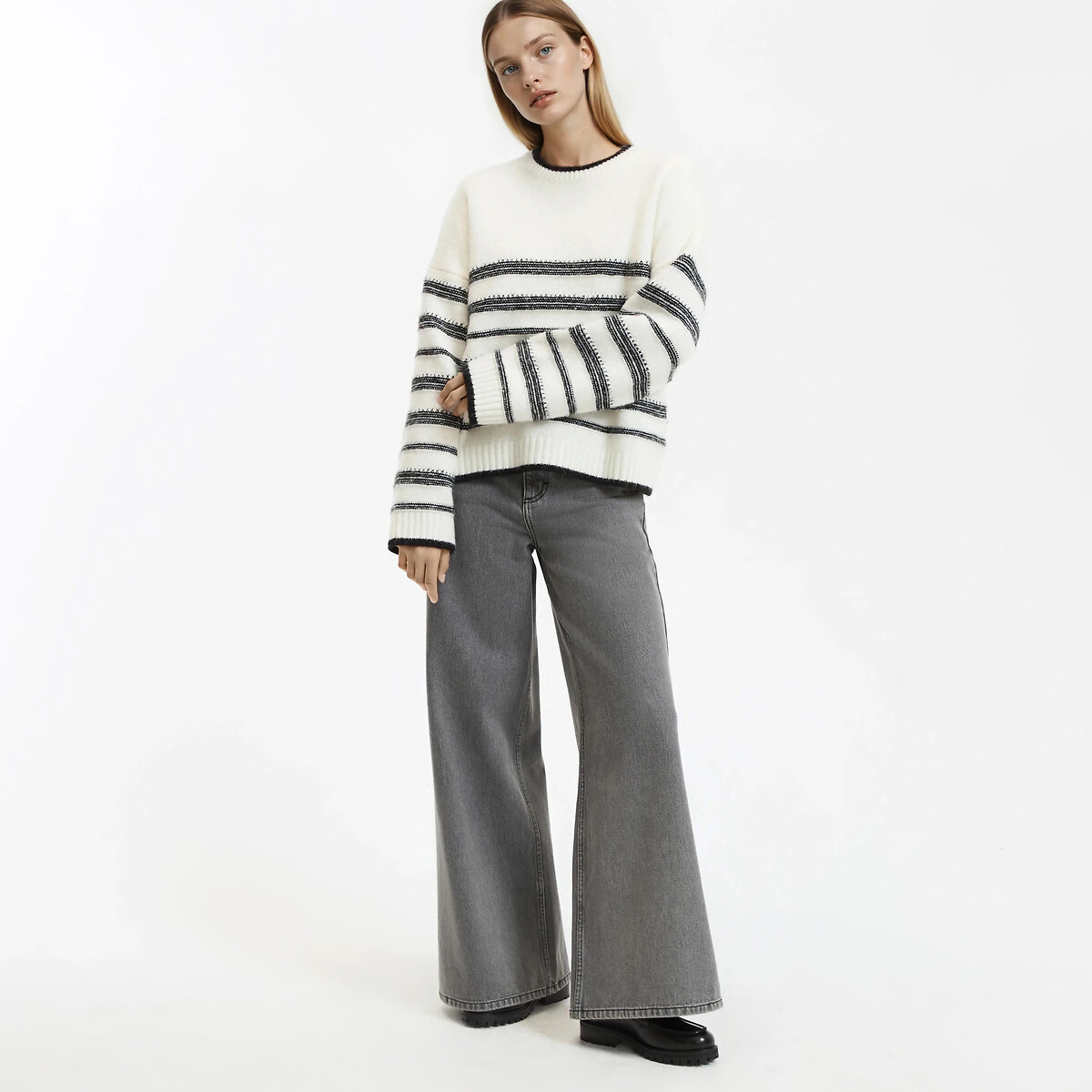 Striped Crew Neck Jumper in Chunky Knit ivory, LA REDOUTE COLLECTIONS