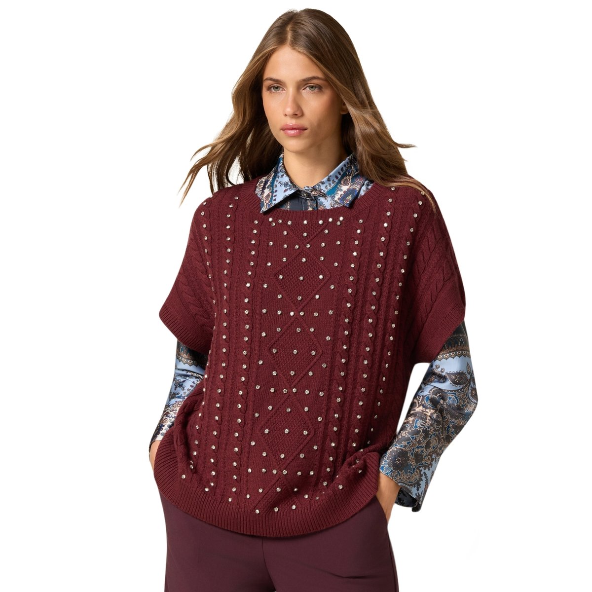 Maillot manches courtes avec sertissages burgundy, OLTRE