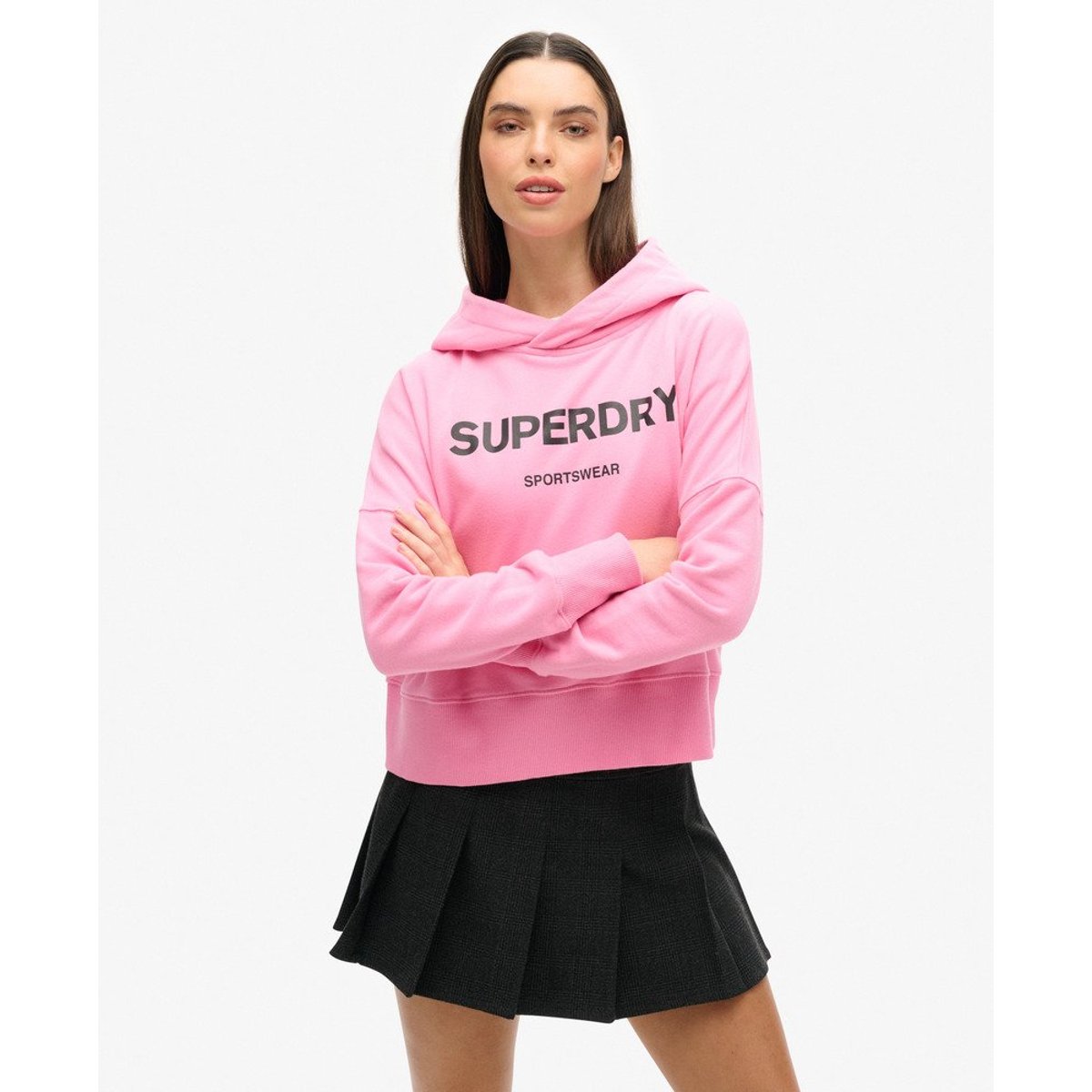 Sweat court droit à capuche Core Sport rose marne, SUPERDRY