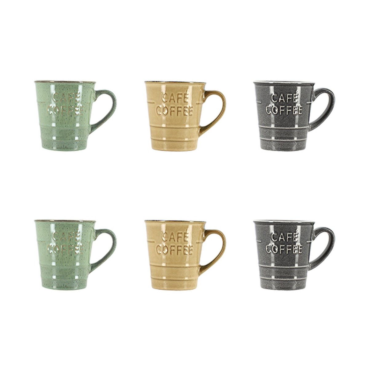 Lot de 6 mugs en grès 21cl, COFFEE TIME gris-taupe-vert, NOVASTYL