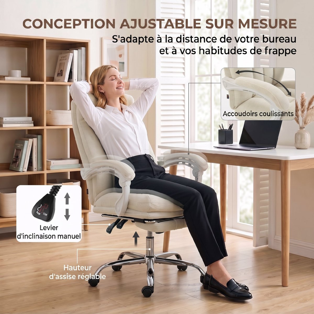 Chaise de bureau Chenille Crème crème, argent, HOMCOM