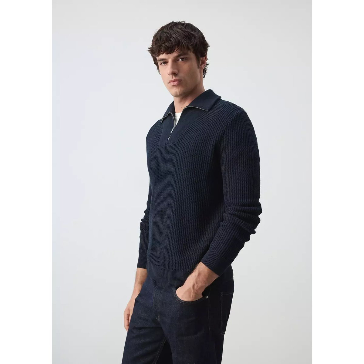 Pull polo 100 % coton côtelé fermeture éclair bleu marine, MANGO MAN
