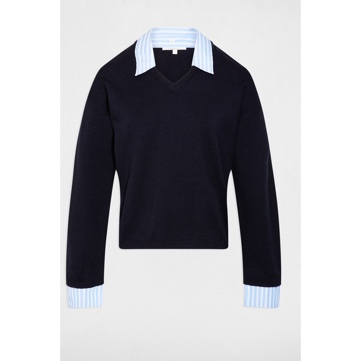 Pull col revers rayé bleu marine, MORGAN
