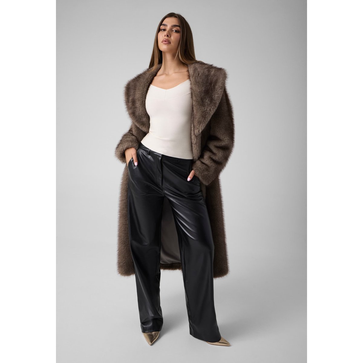 Pantalon En Simili Cuir Wide-Leg noir, GUESS