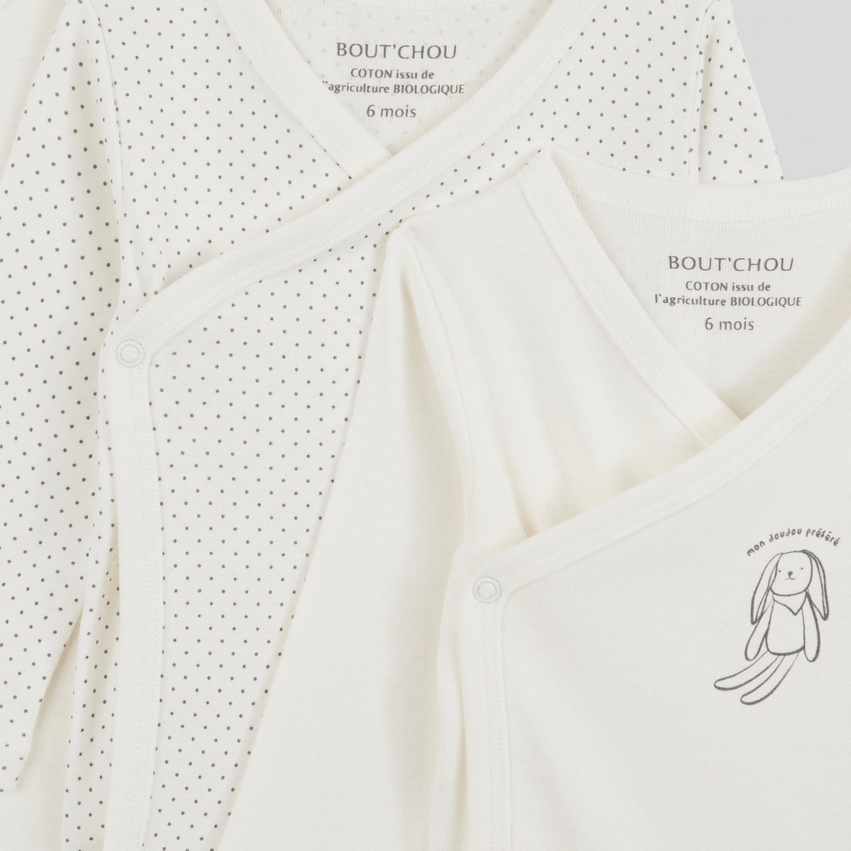 Lot de 3 bodies manches longues croisés en coton BIO, certifié GOTS et OEKO TEX blanc, BOUT'CHOU