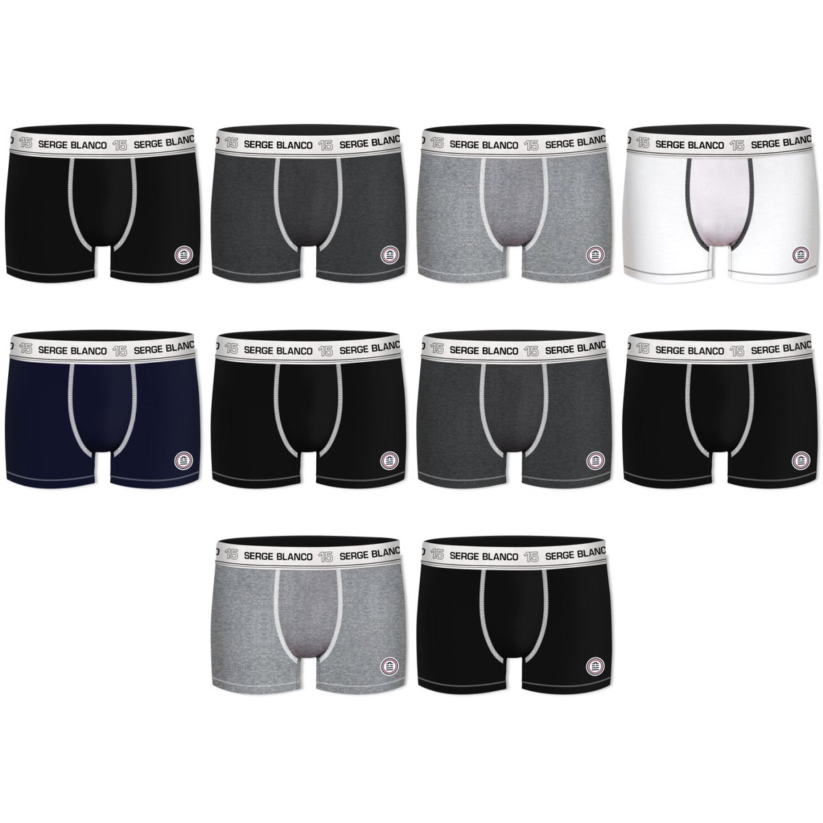 Lot De 10 Boxers Coton noir/gris/blanc, SERGE BLANCO
