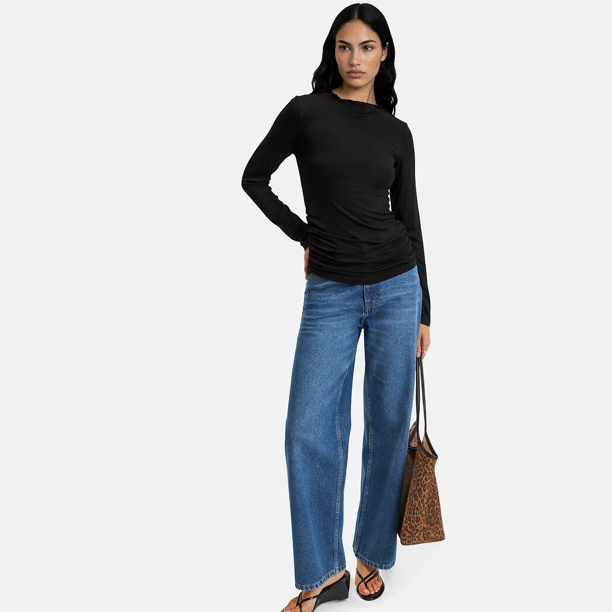 T-shirt froncé col rond manches longues noir, LA REDOUTE COLLECTIONS