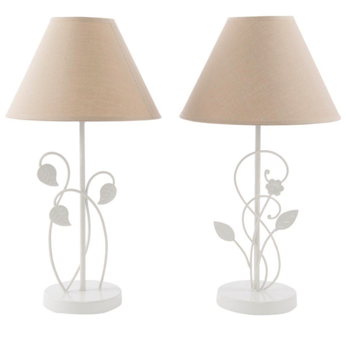 Set de 2 lampes à poser en métal blanc et abat-jours beige feuillage blanc, WADIGA