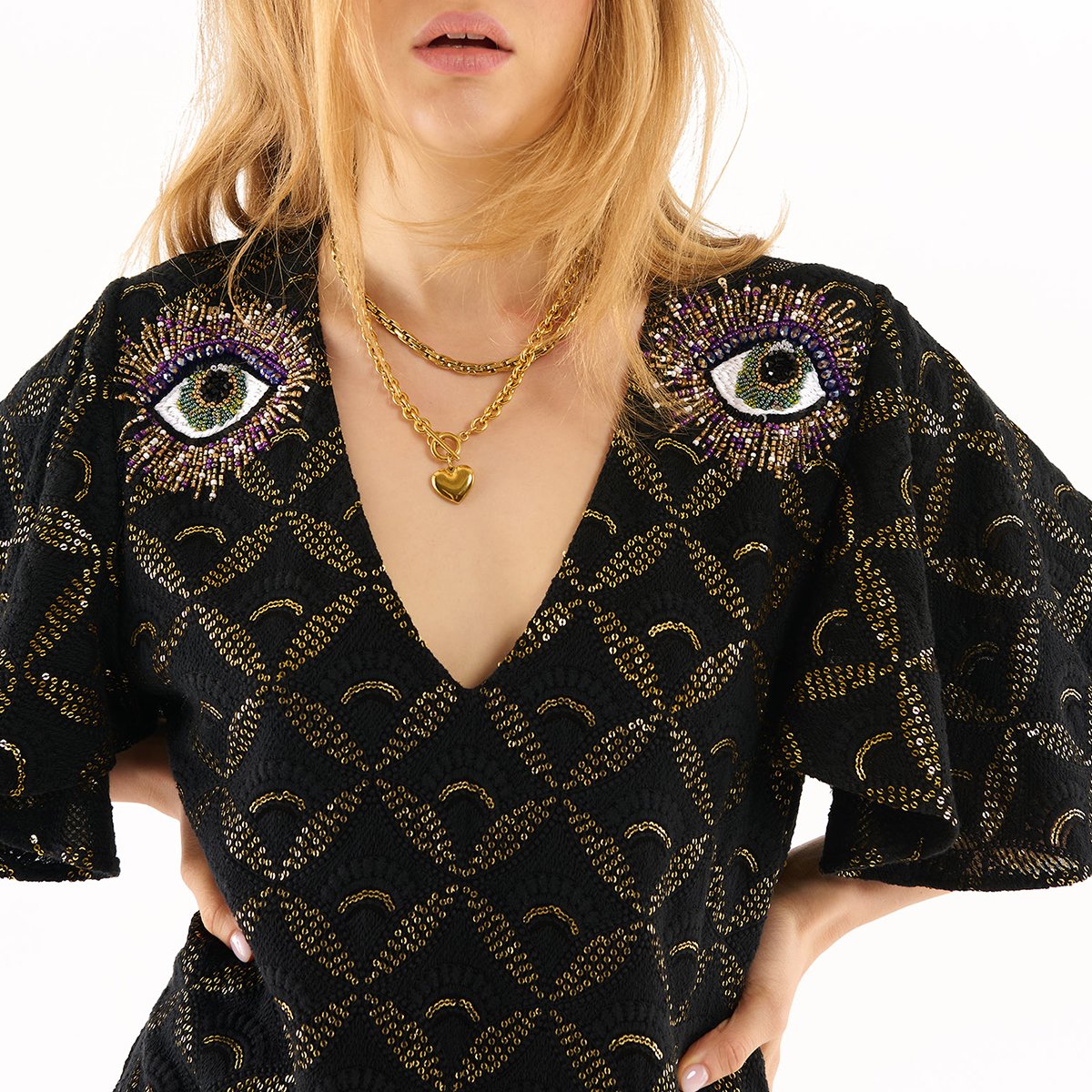 Robe brodée courte col V avec perles BARBARA noir, WILD
