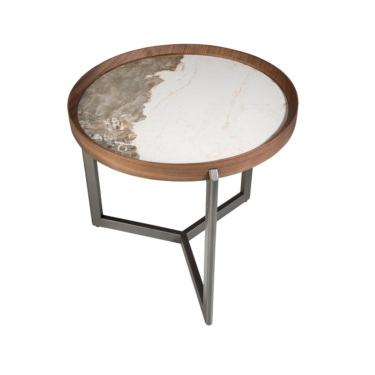Table basse ronde en marbre porcelaine, noyer et acier métallique foncé blanc | acier foncé | noyer, ANGEL CERDA