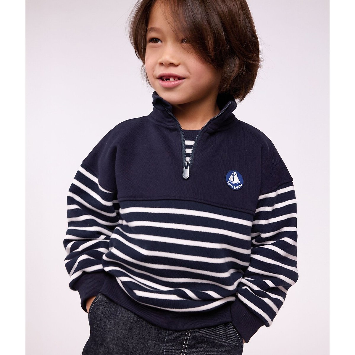 Sweat rayé avec col camionneur zippé bleu marine rayé, PETIT BATEAU