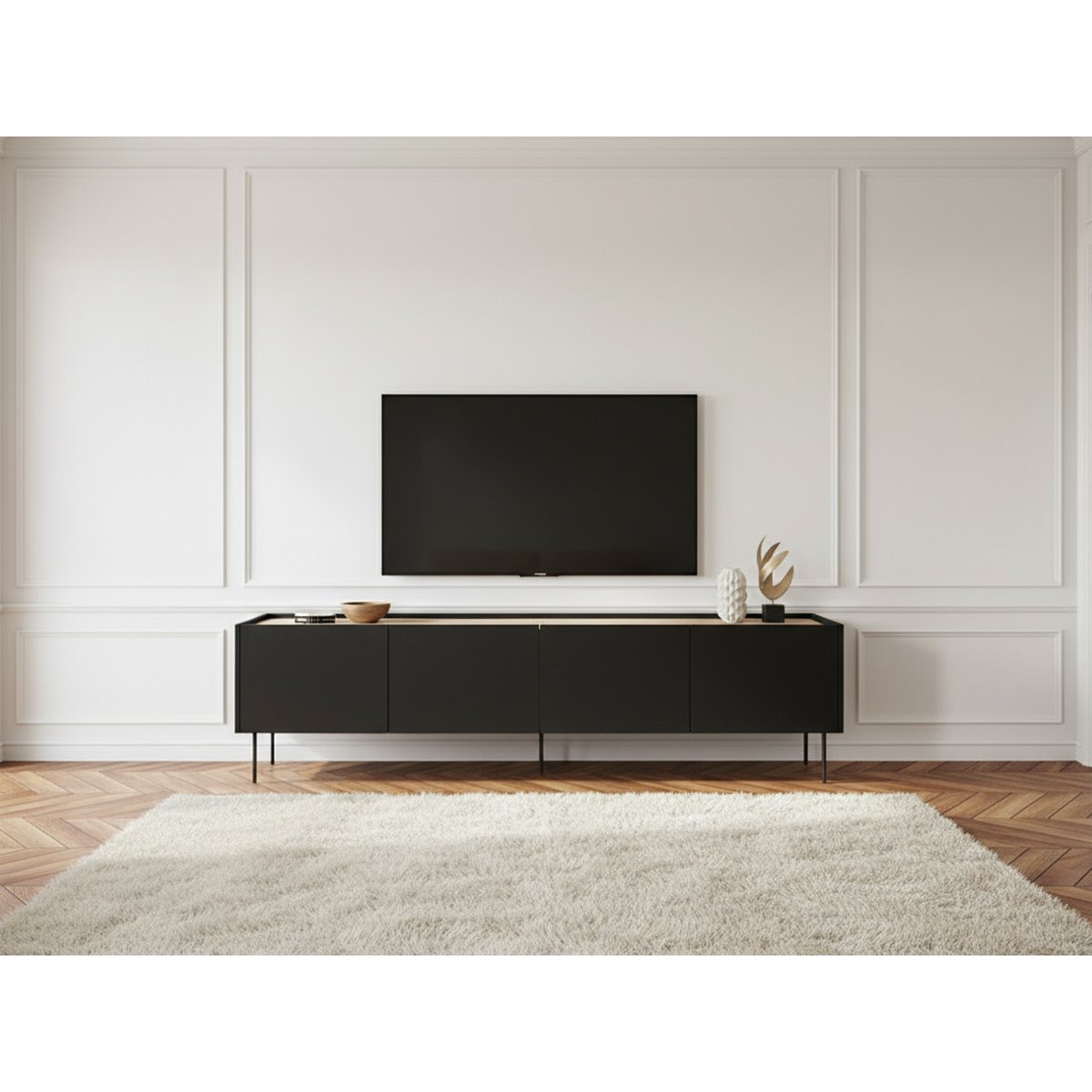 Meuble TV 220 cm panneaux de particules, ATLAS noir, BOBOCHIC