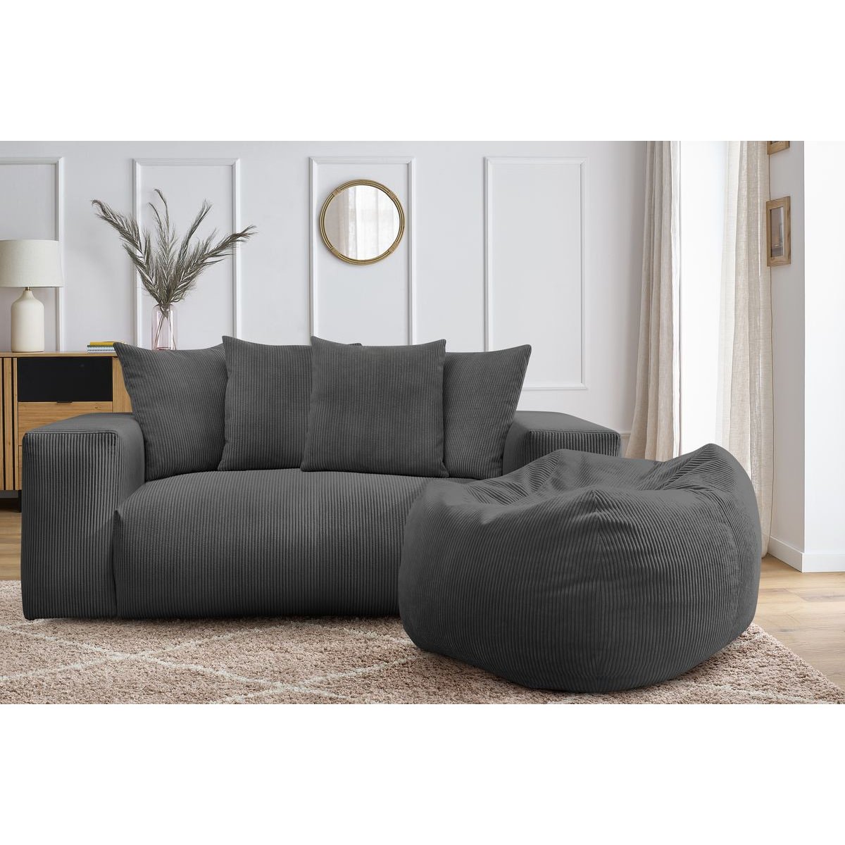 Canapé droit fixe 2 places en velours côtelé avec pouf, VOLTAIRE gris foncé, BOBOCHIC