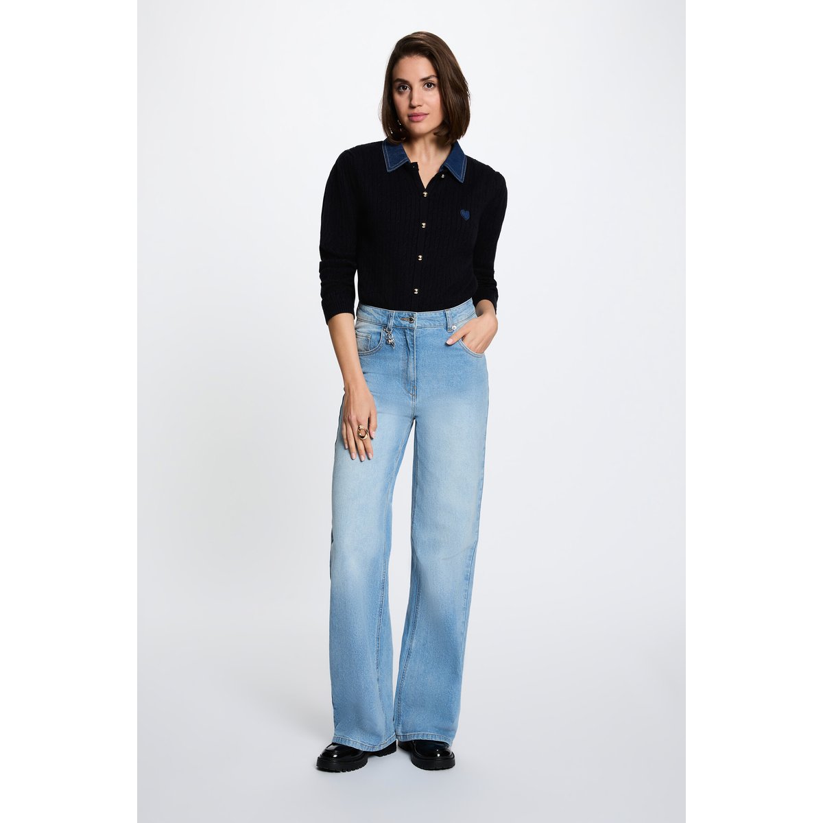 Pull col revers boutons bleu marine, MORGAN