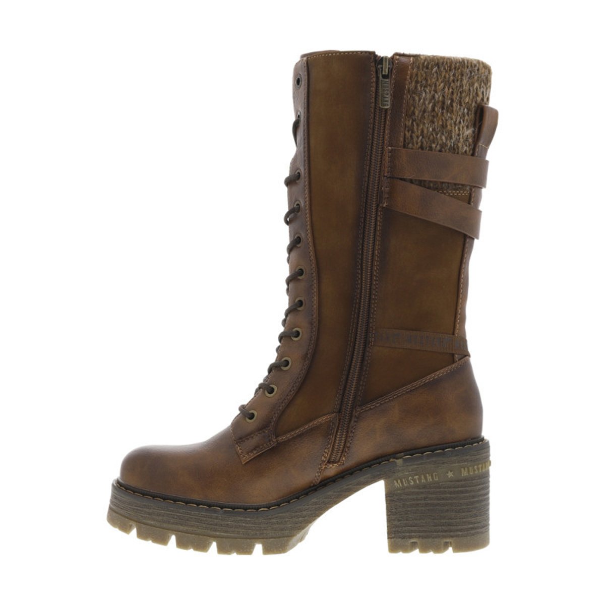 Bottes brunes à talon décroché moyen avec un zip et des lacets ronds brunes, MUSTANG