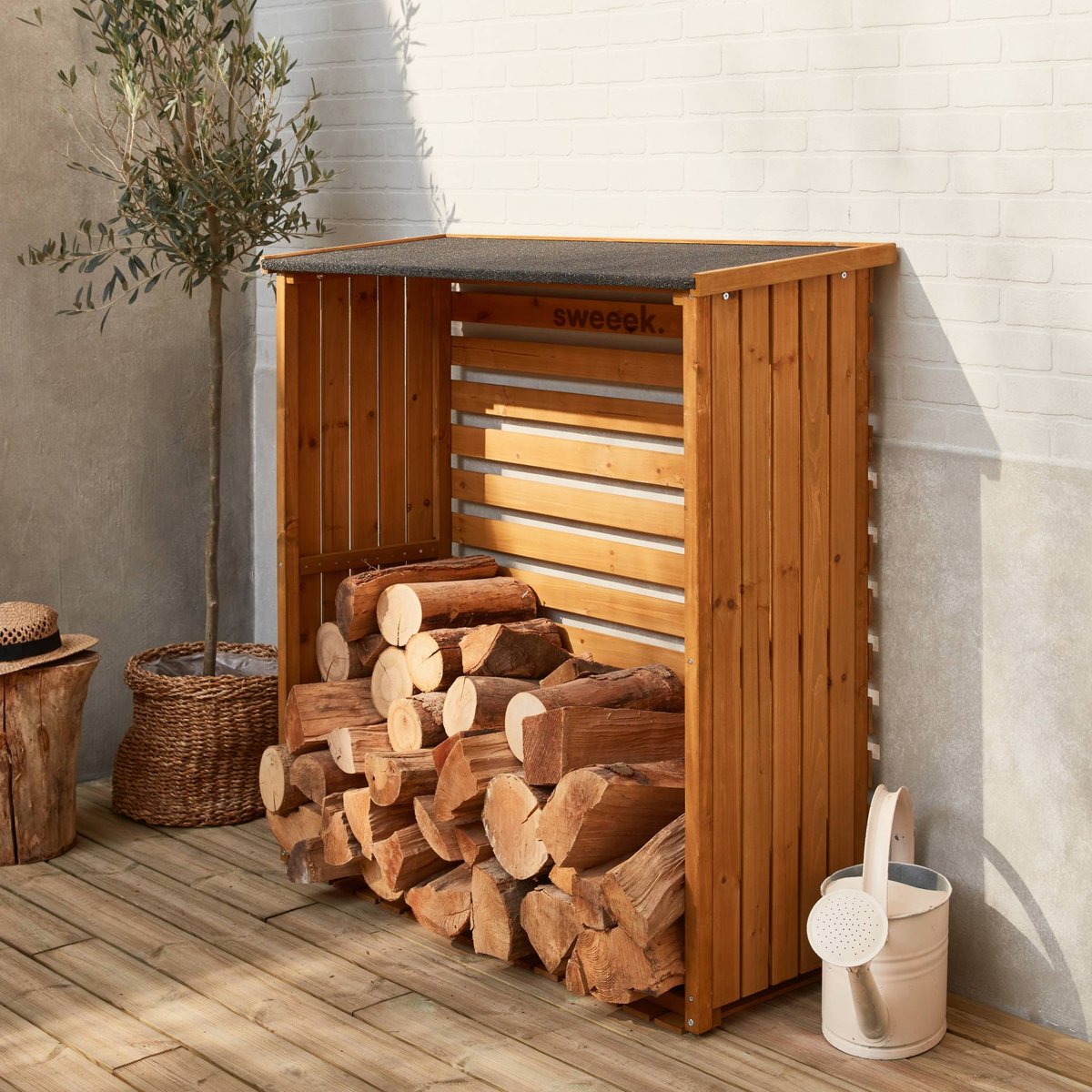 Abri bûches bois de sapin 120cm MERISIER naturel, SWEEEK