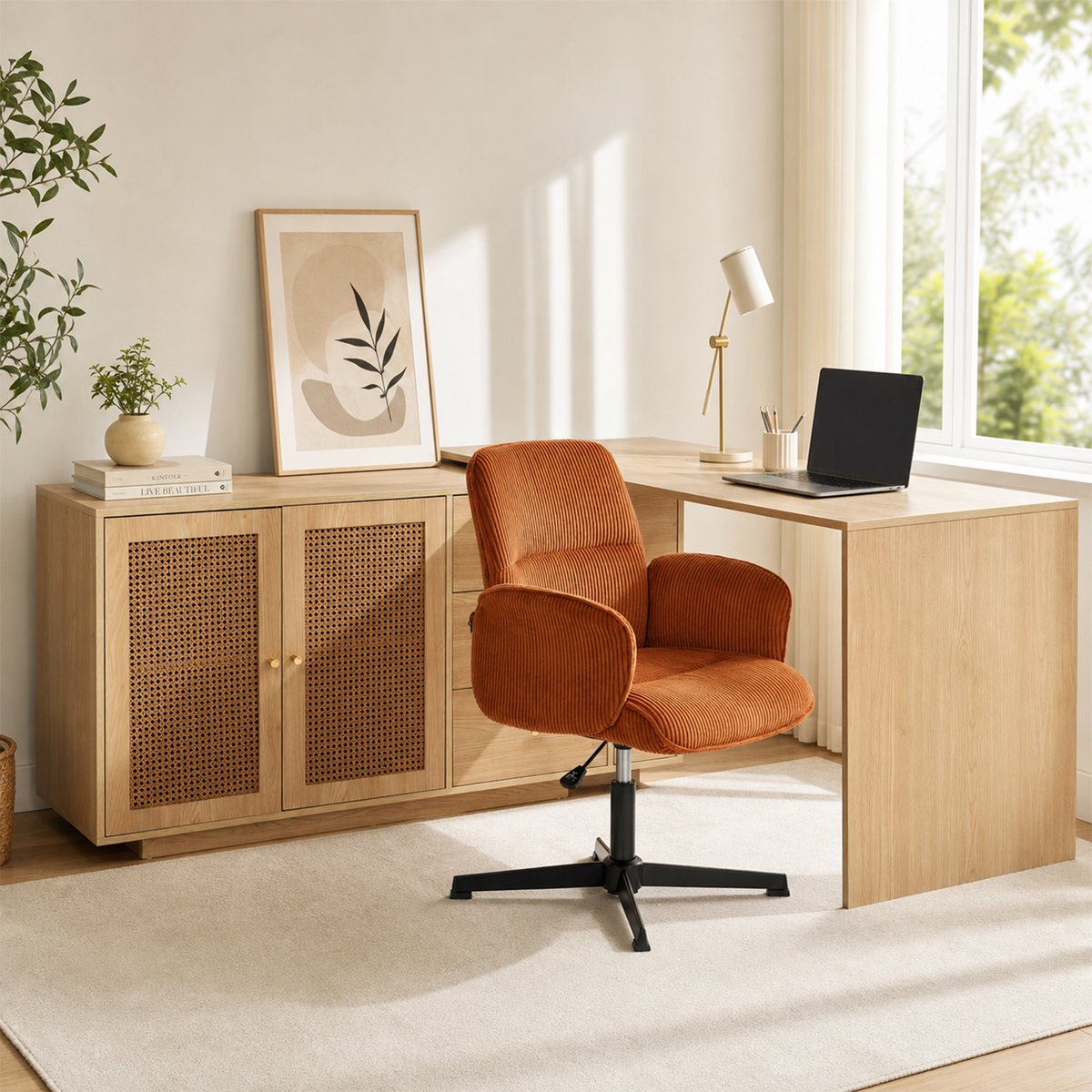 Ensemble de bureau d’angle rotatif avec portes rotin et chaise de bureau, DICCPERNTHOMASINACORD rouge, MEUBLES COSY