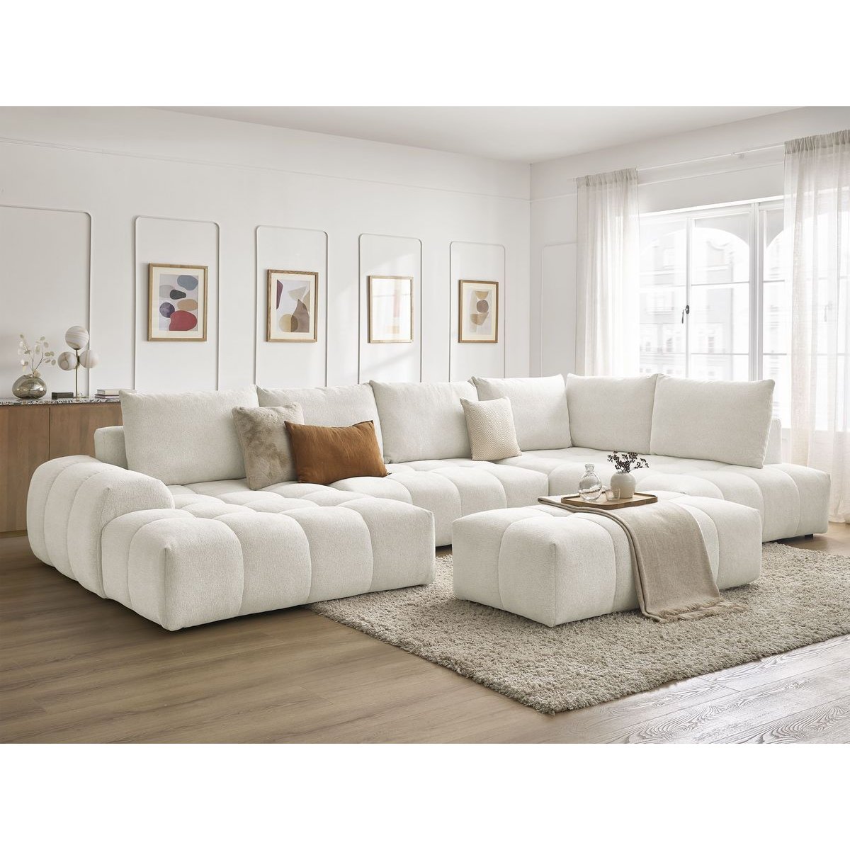 Canapé panoramique convertible 7 places en tissu chiné avec pouf, EVEREST blanc, BOBOCHIC