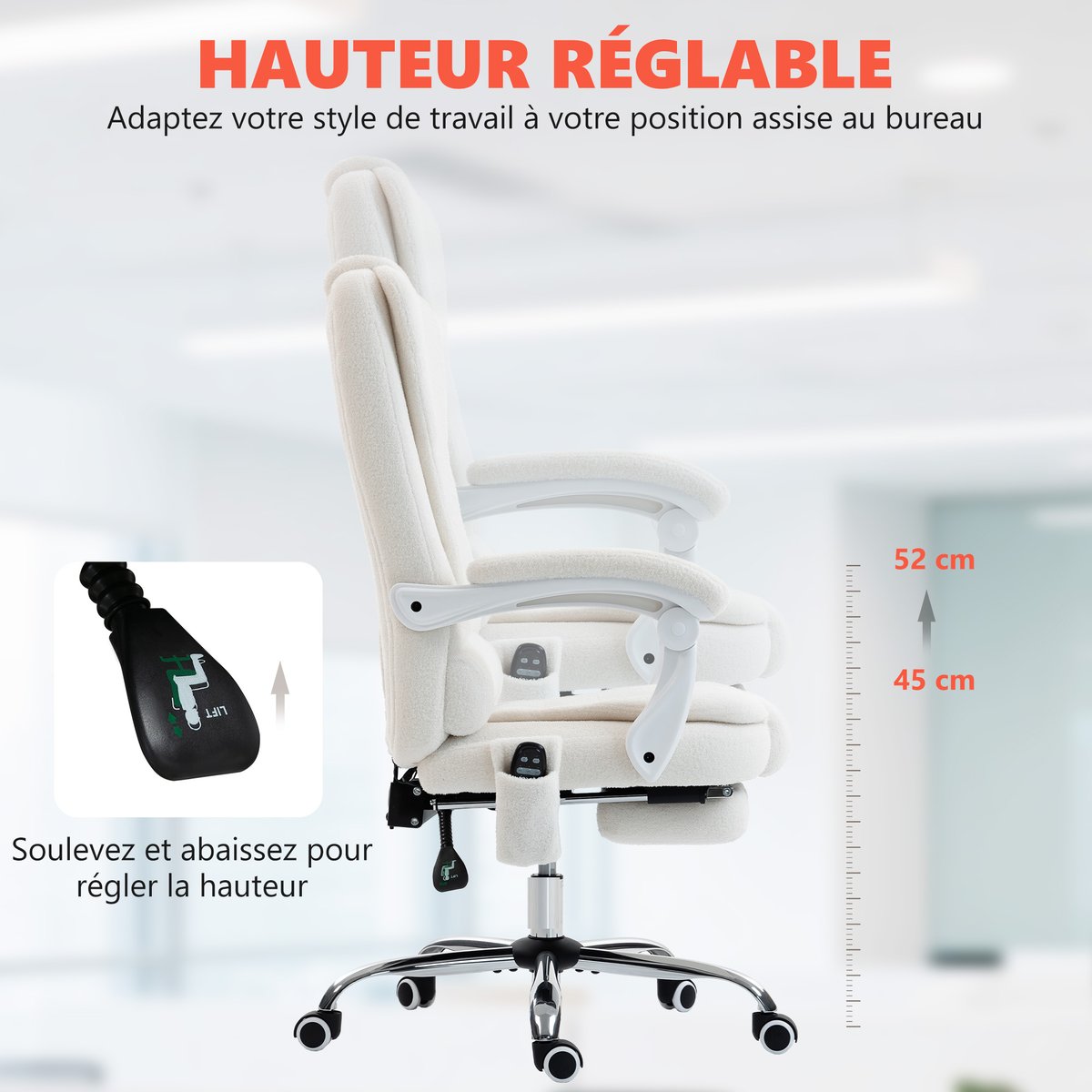 Fauteuil de bureau avec fonction massage Lin blanc, HOMCOM