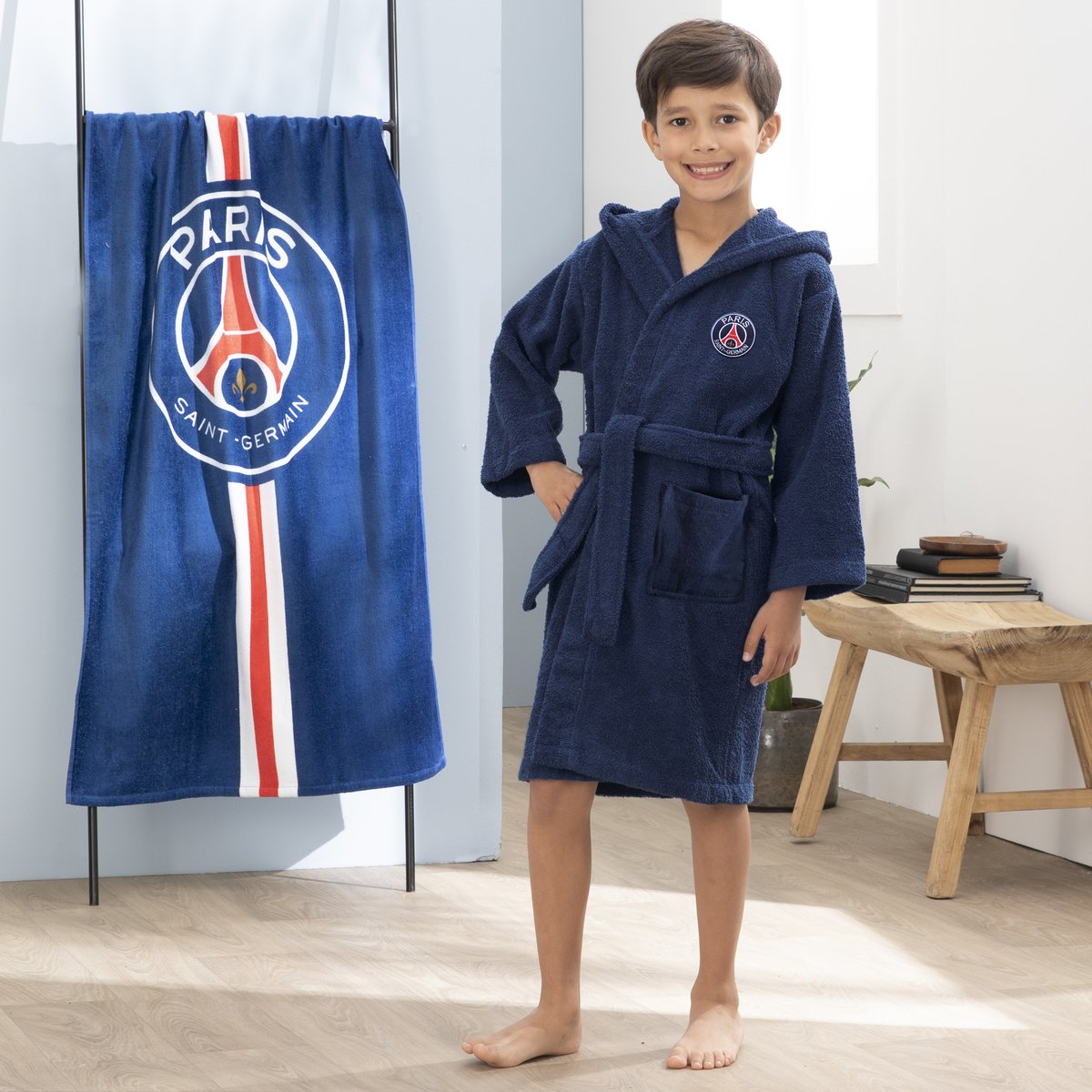Peignoir enfant brodé 100% coton, Paris Saint Germain RUBAN bleu marine, PSG