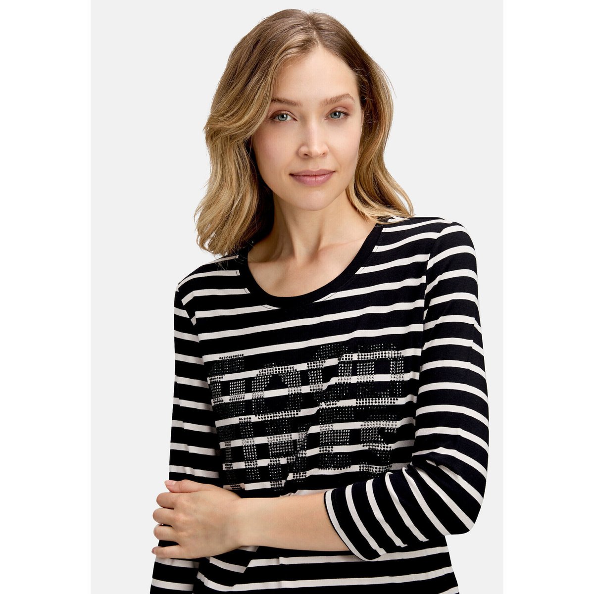 T-shirt à rainures à pierres fantaisie noir/beige, BETTY BARCLAY
