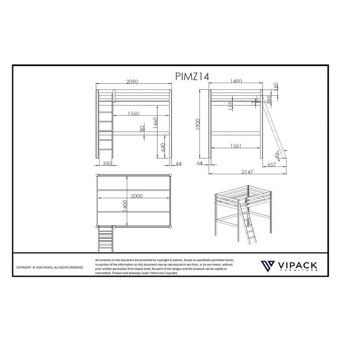 PINO Lit mezzanine + plan de travail couleur unique, VIPACK