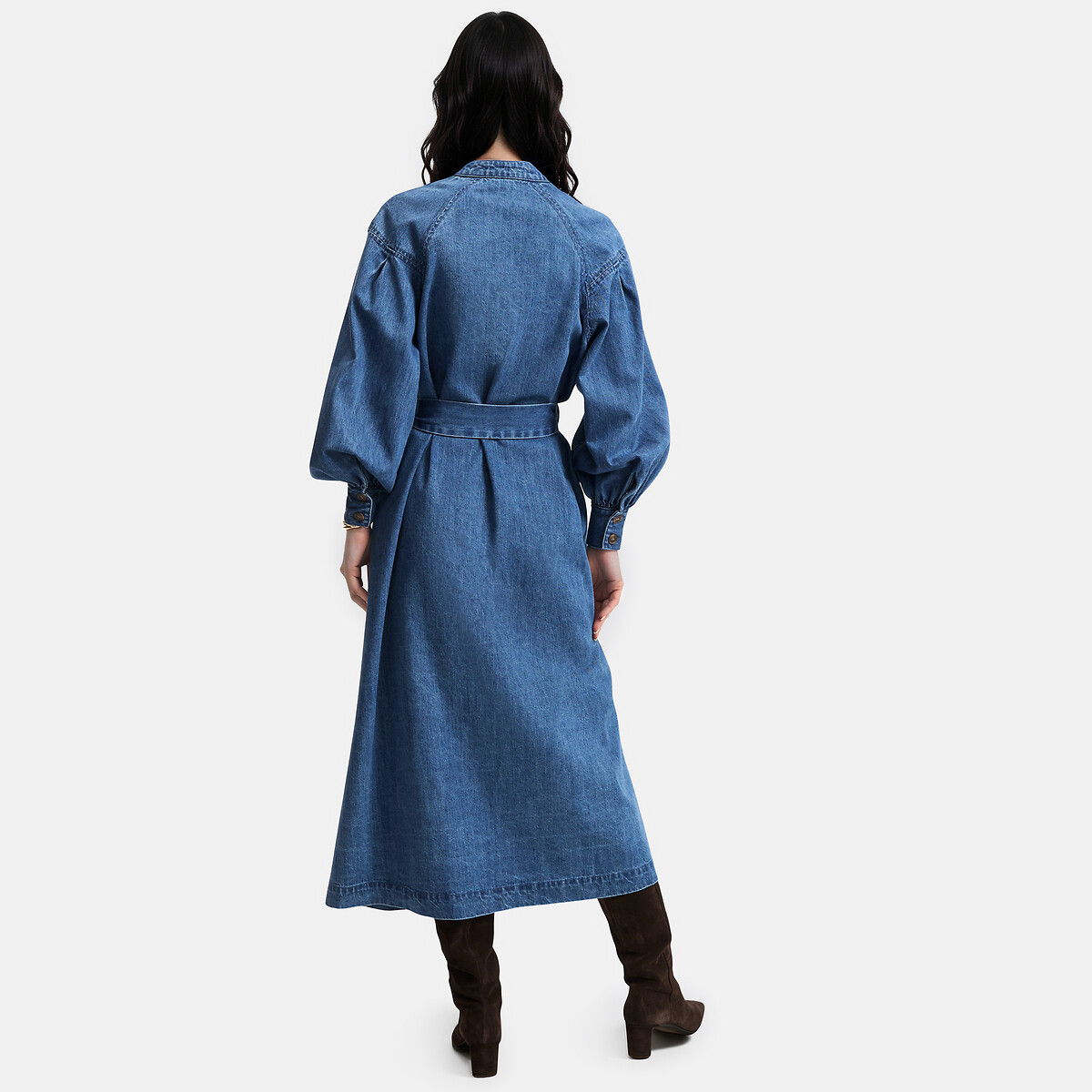 Robe longue en jean à manches longues avec ceinture à nouer bleu stone, LA REDOUTE COLLECTIONS