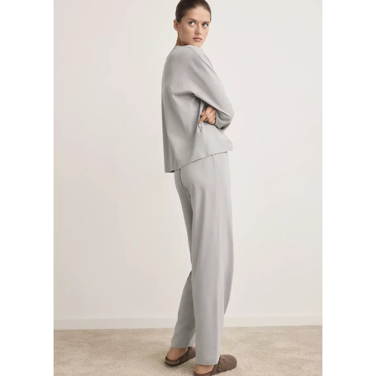 Pyjama deux pièces coton uni gris, MANGO