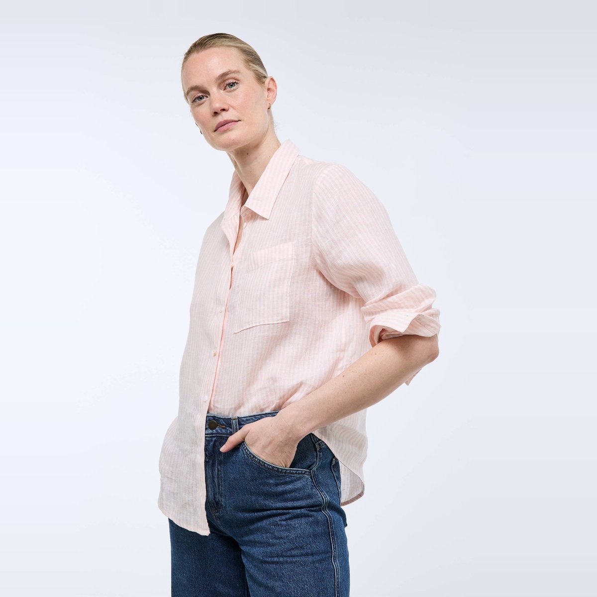 Chemise manches longues rayée en lin phlox, MONOPRIX