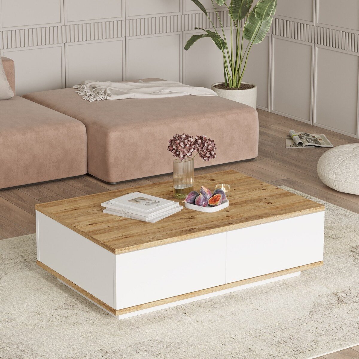 Table basse rectangulaire 1 abattant blanc et pin atlantique - L90 cm bois clair, CALICOSY