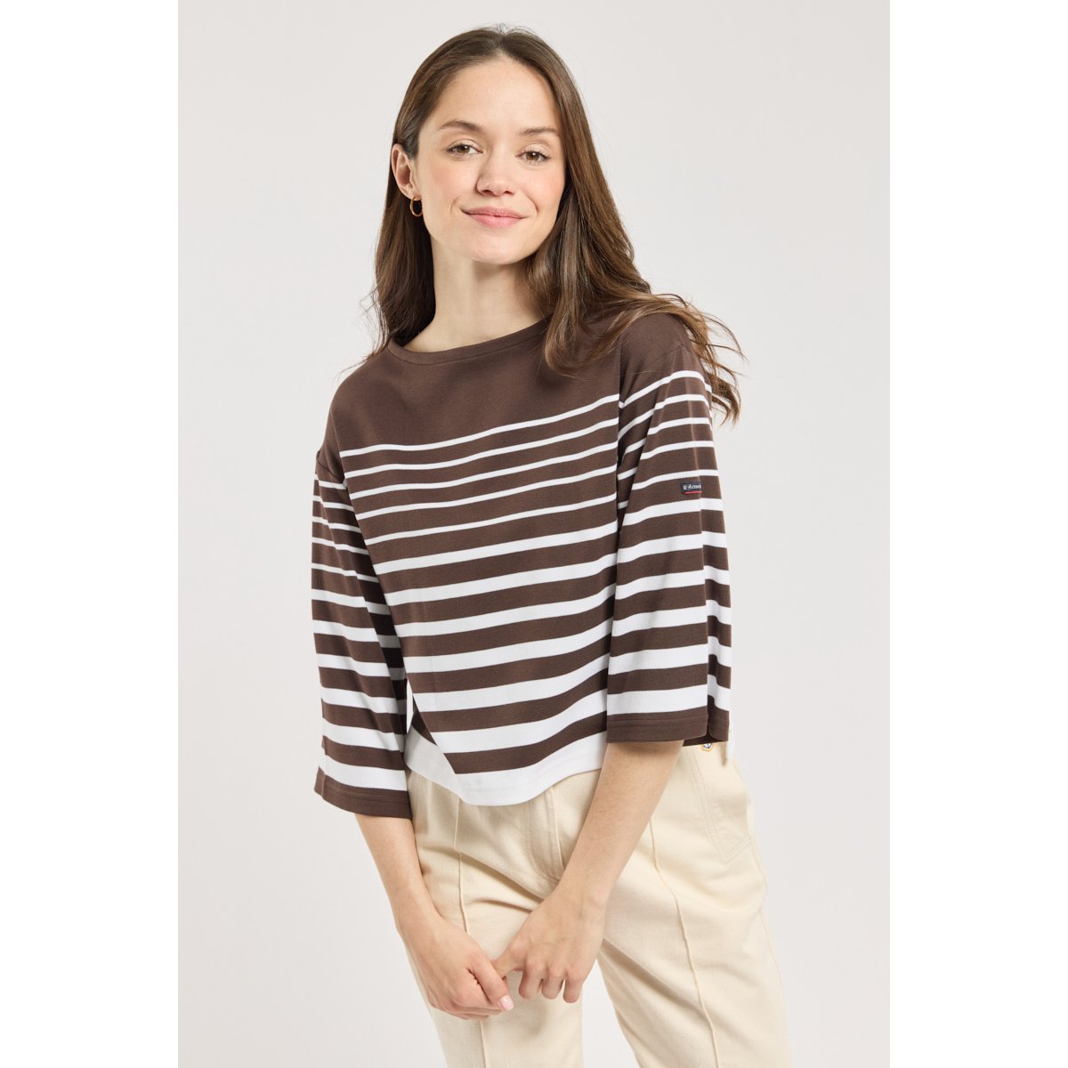 Marinière manches 3/4 - coton épais brown/blanc, ARMOR-LUX