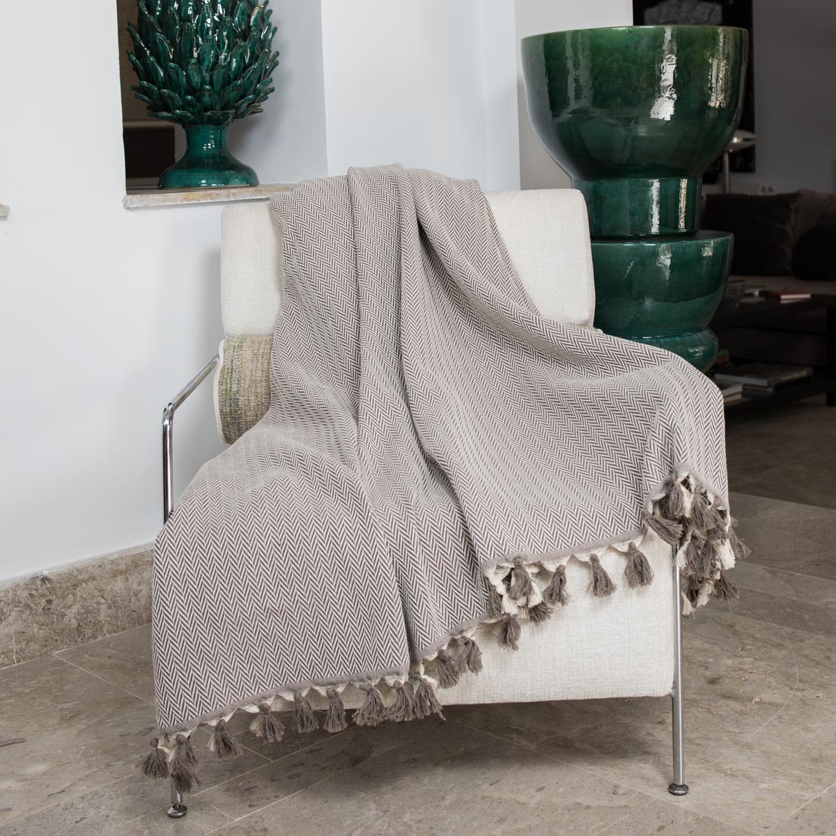 Plaid coton MEGEVE taupe, FEBRONIE