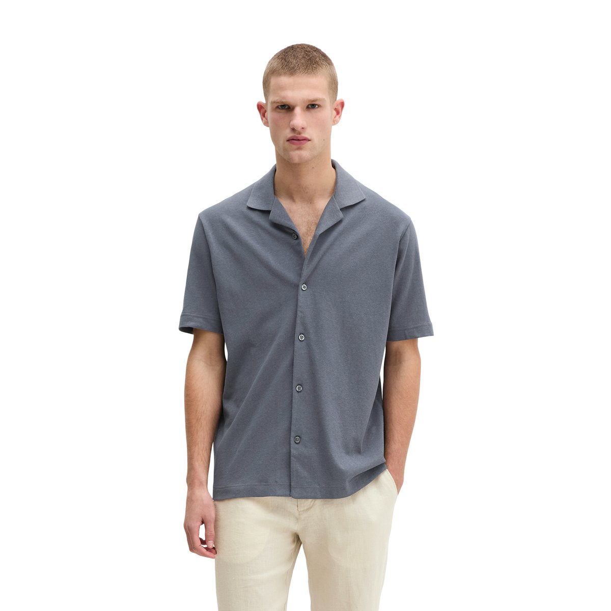 T-shirt en jersey à manches courtes regular en coton et lin mélangés gris foncé, MARC O'POLO